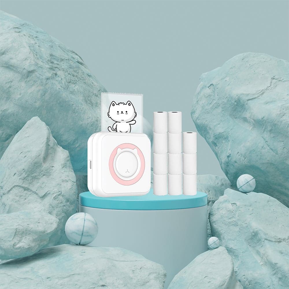Mini thermal printer, paper rolls and a printed cat sticker
